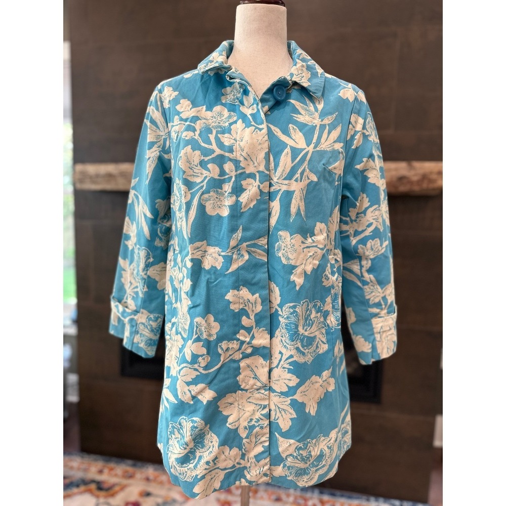 Joe Fresh Floral Trench Coat Medium Blue White Botanical Spring Jacket